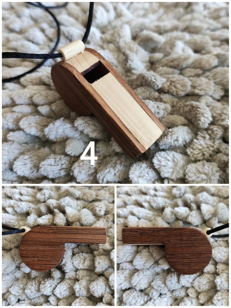 K&ouml;nnte beinhalten: Ein h&ouml;lzerner Pfeifenanh&auml;nger mit zweifarbigem Design aus dunkelbrauner und hellbeiger Holzmaserung, befestigt an einer d&uuml;nnen schwarzen Kordel. Die Pfeife hat einen rechteckigen K&ouml;rper und ein abgerundetes Seitenprofil, mit der Zahl 4 im Bild.