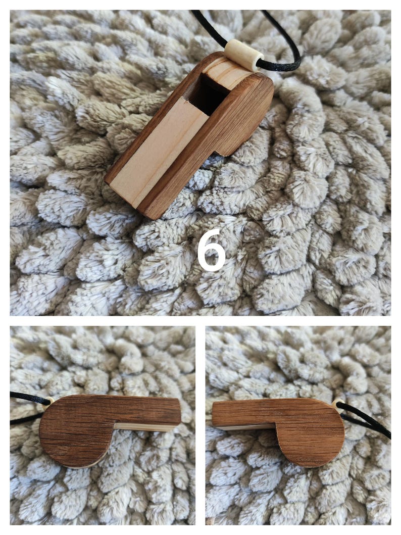 K&ouml;nnte beinhalten: Eine Holzpfeife mit einem geschichteten Design in hellen und dunklen Braunt&ouml;nen. Die Pfeife ist an einer schwarzen Kordel mit einer kleinen hellen Holzperle befestigt. Die Zahl 6 ist in Wei&szlig; auf dem oberen Teil des Bildes aufgedruckt.