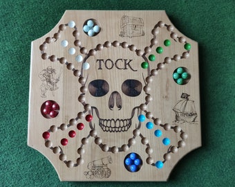 Tock and Lam turky game, reversible board in solid cherry wood, laser-engraved skull and crossbones pirate motif.