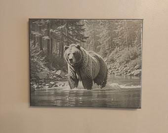 Grizzly on canvas laser engraved image created by artificial intelligence.