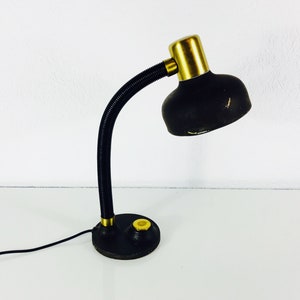 Hillebrand Heavy Black Metal Table Lamp - Black Plastic Gooseneck - Brass Ornament - Round Head - Germany 1970s
