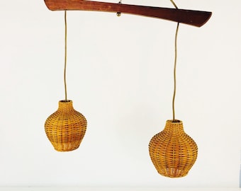 Mid Century Modern Rare Pendant Light - Rattan Shade - Teak Hanging Lamp - Cone Shape - 1960s