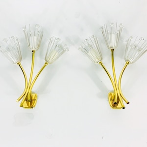 Op de afbeelding: Een paar gouden wandlampen met drie heldere, bloemvormige glazen lampenkappen. Elke kap is versierd met een cluster van kleine kristal-achtige accenten.