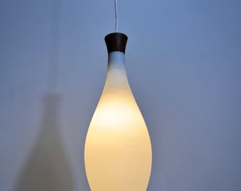 Teak and Opal Glass Pendant Lamp by Uno & Östen Kristiansson for Luxus Sweden
