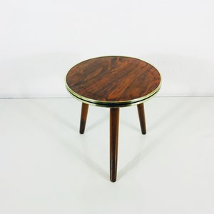 Mid Century Tripod Wooden Plant Stand - Circular Wooden Top - Brass Design Edging - Germany 1960s