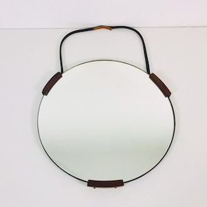 Mid Century Teak Framed Hanging Wall Mirror - Round Glass - Italy 1960s