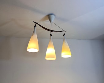 Teak and Opal Glass Pendant Lamp by Uno & Östen Kristiansson for Luxus Sweden