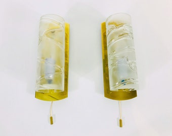 Pair of Brass and Ice Glass Wall Lamps by Doria, Germany, 1960s