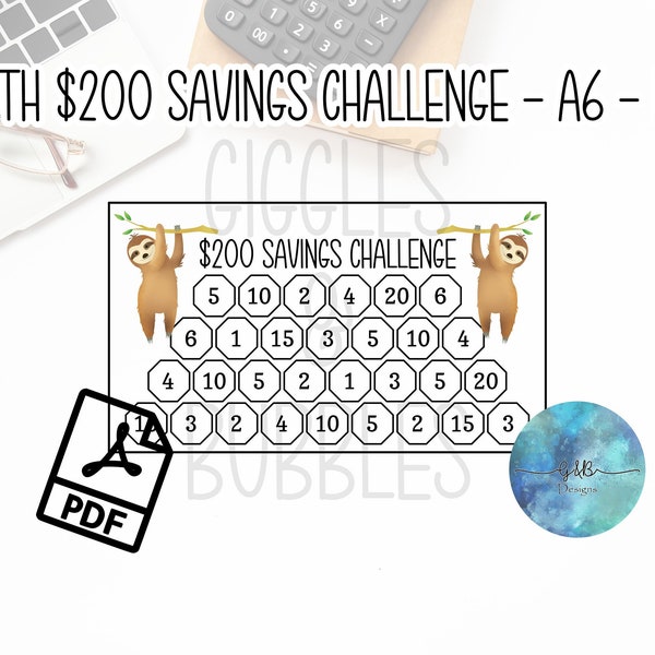 Sloth 200 Dollar Savings Challenge, Cash Envelope System, Budget Tracker, A6 insert, Expense Tracker, Cash, Dave Ramsey, Barefoot Investor