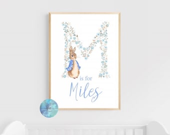 Peter Rabbit floral digital print, Christening gift, personalised name print, wall art, nursery, birth announcement, new baby, Birth stats