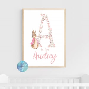 Peter Rabbit floral initial print, Christening gift, personalised name print, wall art, nursery, birth announcement, new baby, Birth stats