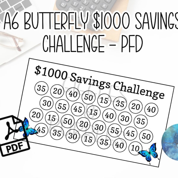 1000 Dollar Savings Challenge, Cash Envelope System, Budget Tracker, A6 insert, Expense Tracker, Dave Ramsey,Barefoot Investor, Butterfly