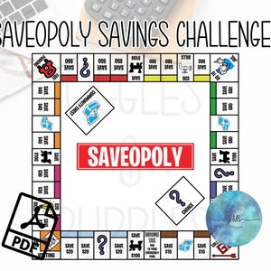 Puede incluir: Un juego de mesa Saveopoly con un esquema de colores rojo, blanco y azul. El tablero presenta espacios para ahorrar dinero, cartas de oportunidad y cartas de cofre comunitario. El juego está diseñado para ayudar a las personas a aprender sobre el ahorro.