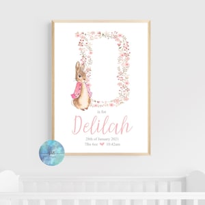 Peter Rabbit floral birth stats, Christening gift, personalised name print, wall art, nursery, birth announcement, new baby, Birth stats