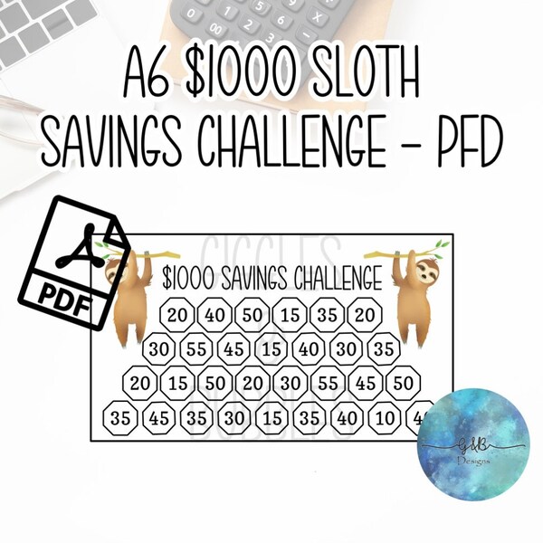 Sloth Sfida di risparmio di 1000 dollari, Sistema di buste di contanti, Tracker di budget, Inserto A6, Tracker di spese, Contanti, Dave Ramsey, Investitore a piedi nudi