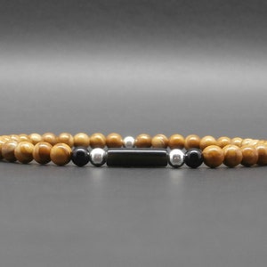 Fine men's bracelet, minimalist, gemstones, onyx, wood jasper, black agate tube, sterling silver beads Ø 4 mm R835