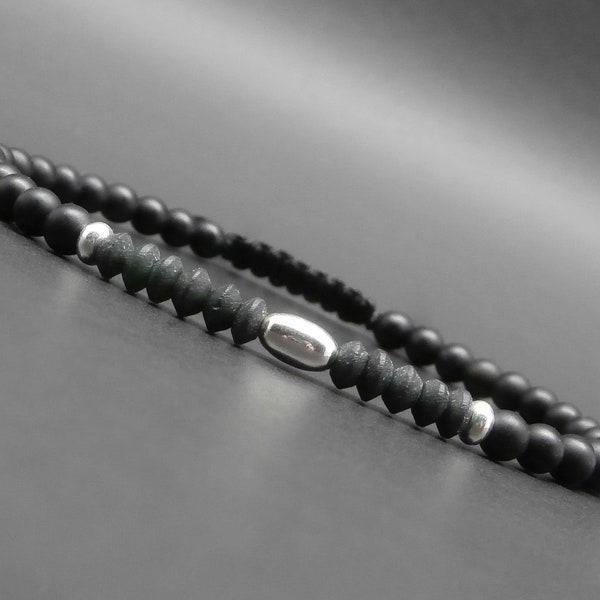 Bracelet fin homme, tressé, pierres gemmes, soucoupes en jade noir, onyx mat, perles en argent sterling Ø 4 mm R999