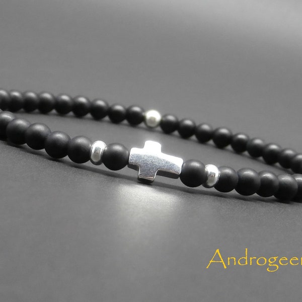 Bracelet fin homme, stretch, minimaliste, croix et perles en argent sterling, pierres gemmes, onyx mat Ø 4 mm R919