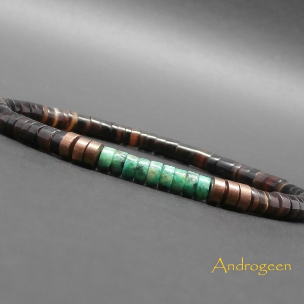 Stretch man's fine bracelet, brown shell heishi, gemstones, African turquoise washers, aged copper discs Ø4 mm R854