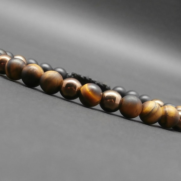 Bracelet homme tressé, pierres gemmes, œil de tigre mat, hématite cuivrée, onyx noir mat Ø 6 mm R431