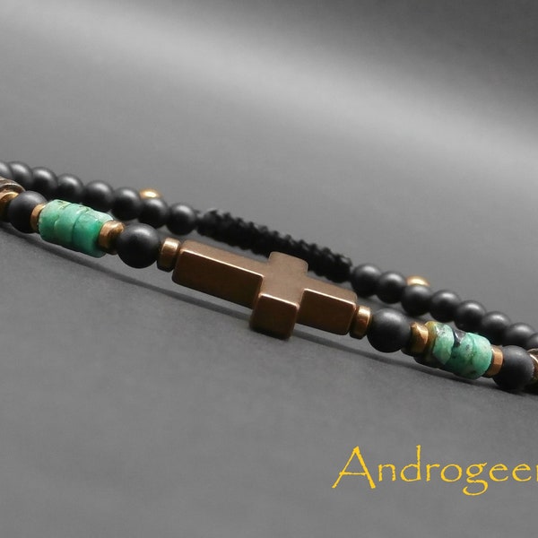 Bracelet fin tressé, pierres gemmes, croix en hématite cuivrée, heishi de turquoise africaine, bronzite, onyx mat Ø 4 mm R475