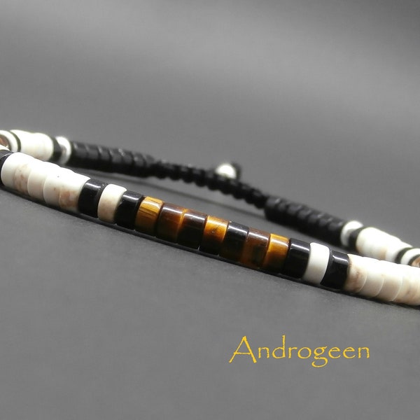 Bracelet fin homme, tressé, pierres gemmes, heishi howlite couleur ivoire, oeil de tigre, agate noire, argent sterling Ø 4 mm R625