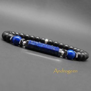 Pulseira masculina, pedras preciosas, lápis-lazúli natural, hematita, ônix fosco, arruelas em prata de lei Ø 6 mm R739