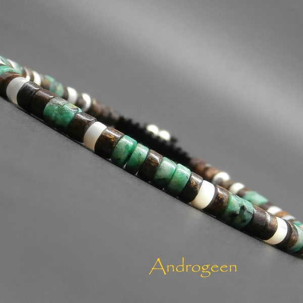 Bracelet fin homme, tressé, pierres gemmes, heishi de bronzite, turquoise africaine, nacre, perles en argent Ø 4 mm R697