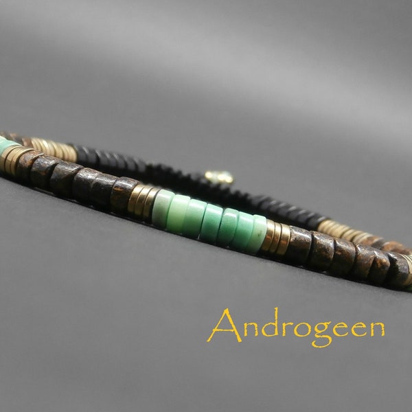 Bracelet fin homme, pierres gemmes, heishi en opale verte, bronzite, onyx, rondelles en hématite dorée Ø4 mm R434