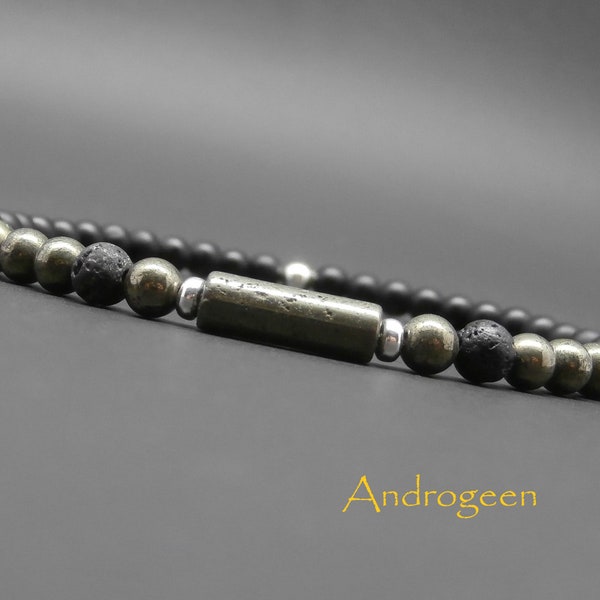 Bracelet fin homme, pierres gemmes, pyrite, onyx noir mat, pierre de lave, tube arrondi en pyrite, perles en argent sterling Ø4 mm R174