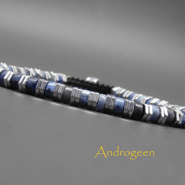 Bracelet fin homme, tressé, pierres gemmes, heishi de sodalite, rondelles en hématite argentée Ø4 mm R271