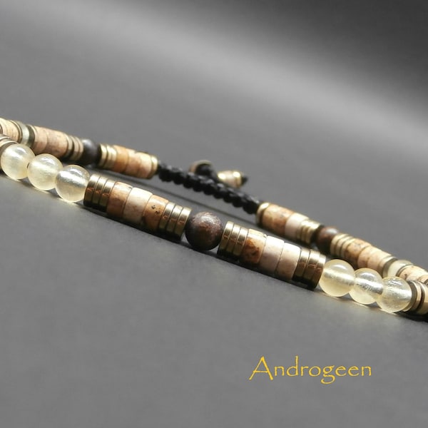 Bracelet fin homme, pierres gemmes, calcite jaune, bronzite mat, heishi de jaspe paysage et hématite dorée Ø4 mm R683