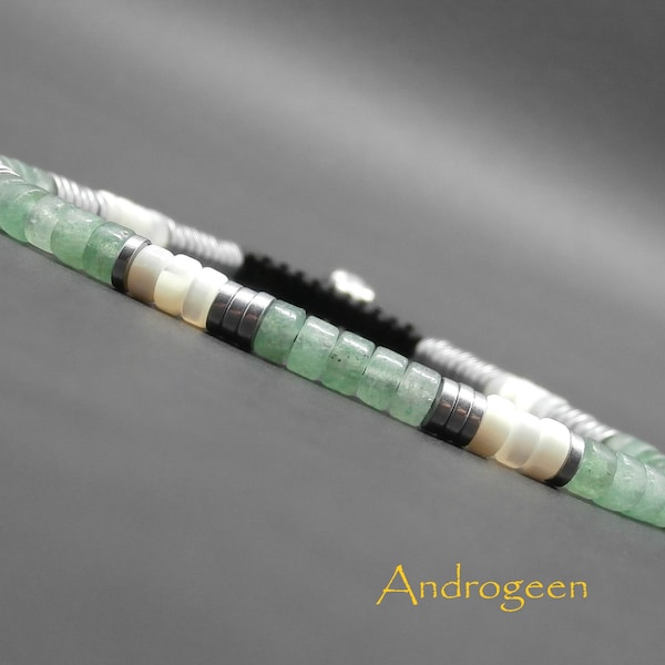 Bracelet heishi, pierres gemmes, aventurine verte, nacre blanche, hématite argentée Ø 4 mm R405