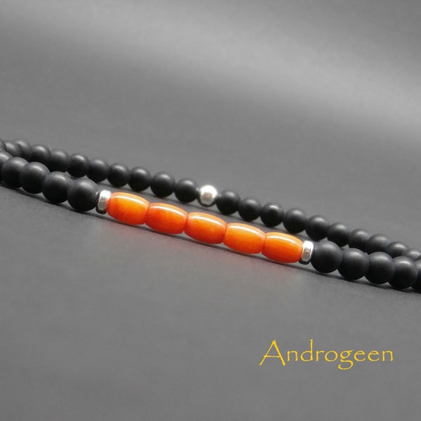 Bracelet fin homme, minimaliste, corail orange naturel, pierres gemmes, onyx noir mat, perles en argent sterling Ø 4 mm R769