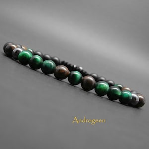 Men&#39;s bracelet, natural stones, green tiger&#39;s eye, bronzite, hematite, matte black onyx Ø 6 mm R871