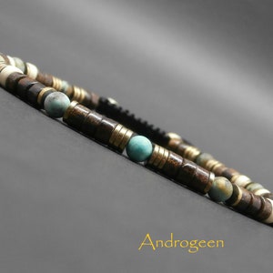 Bracelet fin homme, pierres gemmes, turquoise africaine mate, heishi de bronzite, howlite ivoire, hématite dorée Ø 4 mm R322 image 1