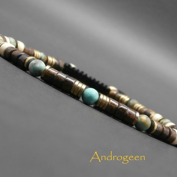 Bracelet fin homme, pierres gemmes, turquoise africaine mate, heishi de bronzite, howlite ivoire, hématite dorée Ø 4 mm R322