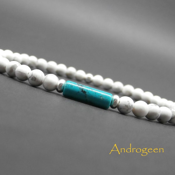 Bracelet fin homme, minimaliste, pierres gemmes, howlite blanche, tube en howlite turquoise, perles en argent Ø 4 mm R899