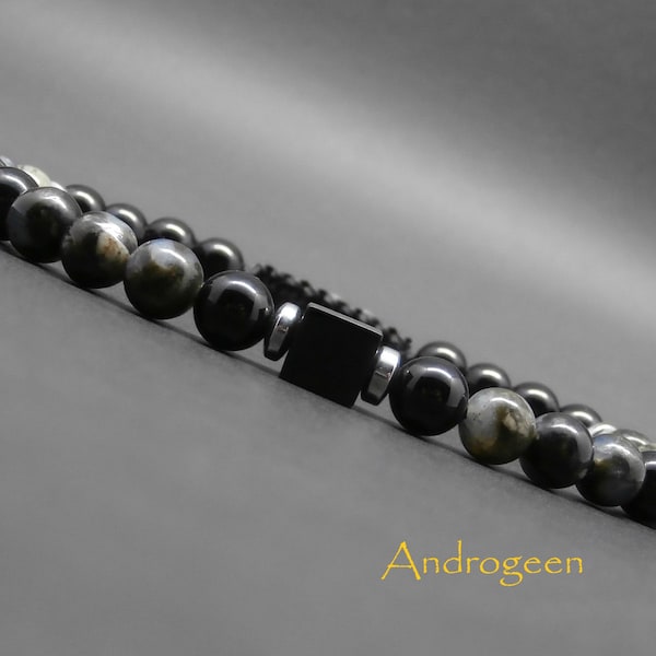 Bracelet homme tressé, pierres gemmes, opale grise, onyx, rondelles en hématite argentée, cube en onyx Ø 6 mm R583