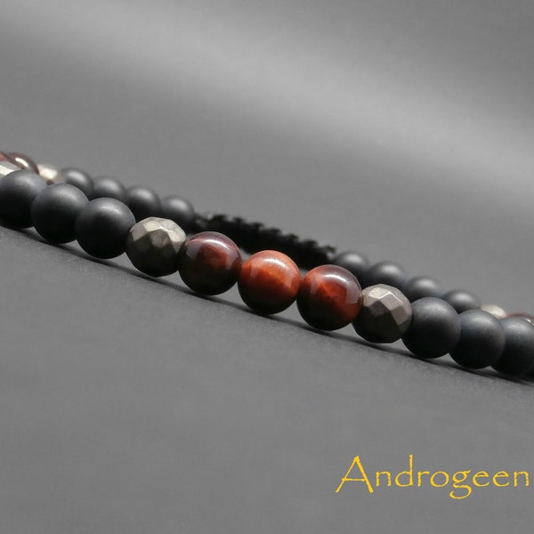 Bracelet homme tressé, pierres naturelles, oeil de taureau, hématite bronze facettée, onyx noir mat Ø6 mm R455