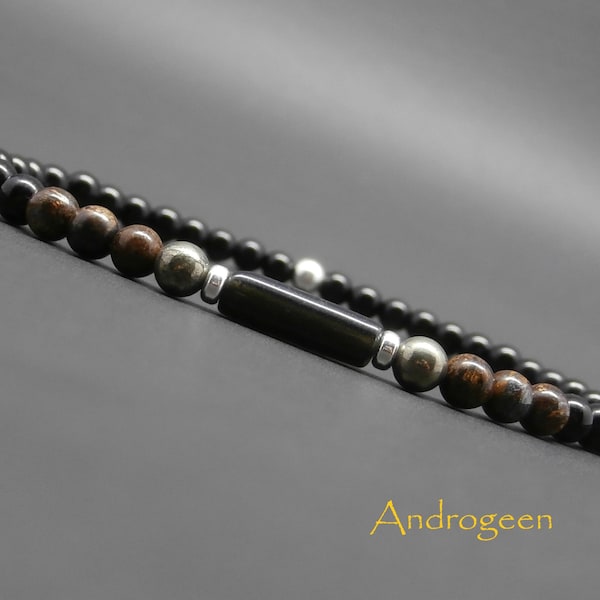 Bracelet fin homme, minimaliste, pierres gemmes, tube en agate noire, bronzite, pyrite, onyx, perles en argent Ø 4 mm R790