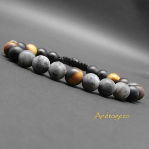 Pulsera de hombre, piedras preciosas, ojo de tigre mate, labradorita negra mate, ónix negro mate Ø 8 mm R743