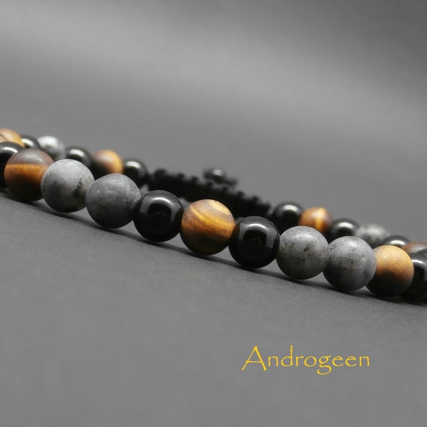 Bracelet homme tressé, pierres gemmes, œil de tigre mat, labradorite noire mate, onyx Ø 6 mm R522