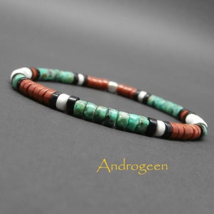 Fijne heishi armband, natuursteen, Afrikaans turkoois, witte howliet, rode jaspis, zwarte agaat, sterling zilveren kubus Ø4 mm R235