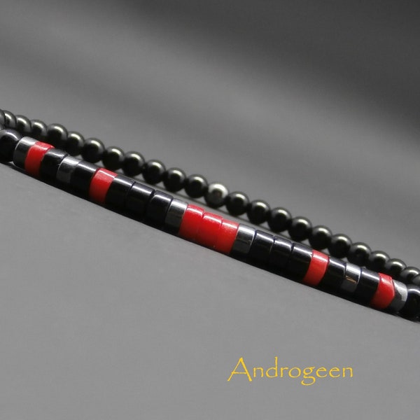 Bracelet fin homme stretch, pierres gemmes, heishi de corail rouge naturel, hématite, agate noire Ø 4 mm R772