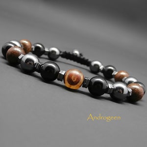 Bracelet homme, pierres gemmes, perle Dzi agate naturelle, onyx, hématite, perles en bois robles Ø8 mm R711