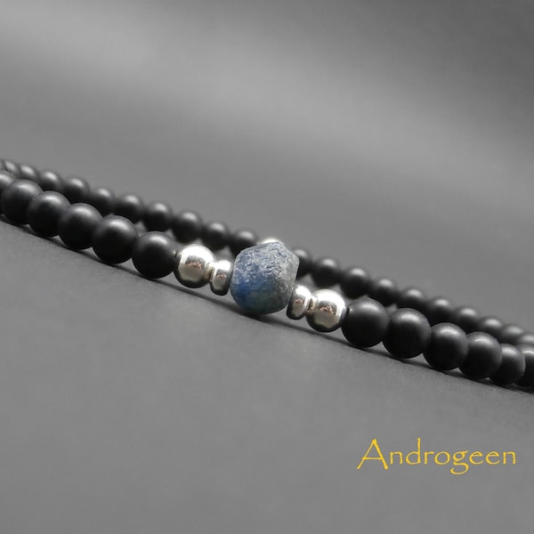 Fine men's bracelet, minimalist, raw sapphire, gemstones, matte onyx, sterling silver beads Ø4mm R153