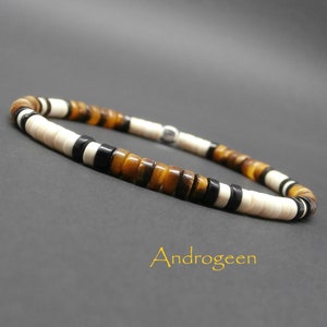 Heren heishi armband, stretch, edelstenen, tijgeroog, ivoor howliet, zwarte agaat, sterling zilveren kubus Ø4 mm R237