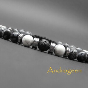 Men's bracelet, braided, gemstones, white howlite, snowflake obsidian, lava stone, silver hematite Ø6 mm R230