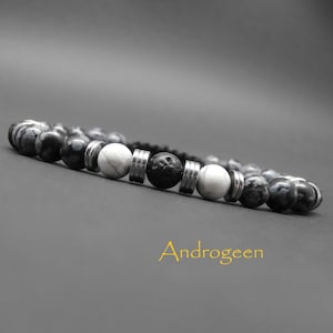 Men&#39;s bracelet, gemstones, white howlite, snowflake obsidian, lava stone, silver hematite Ø6 mm R230